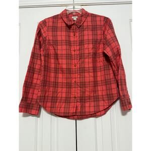 LL Bean Feather Soft Coral Orange Plaid Button Front Shirt, Size S
